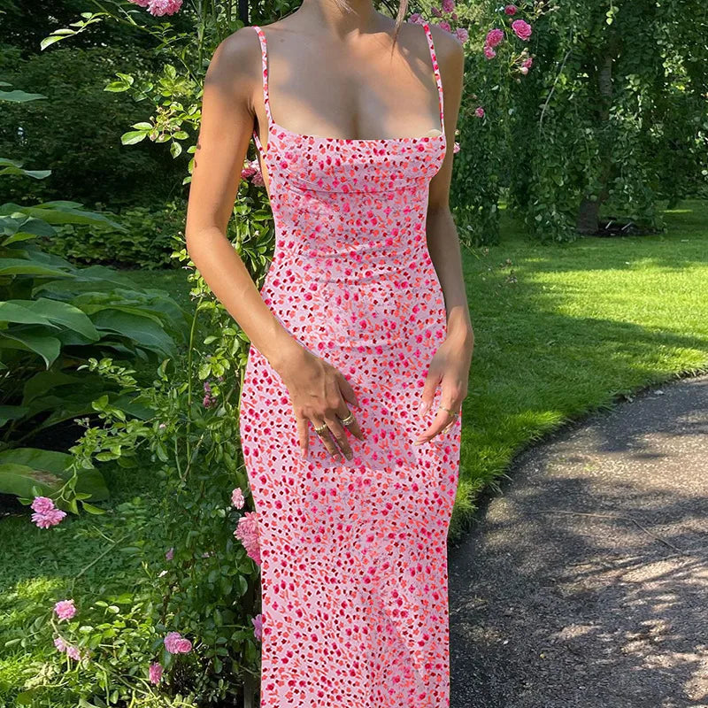 Women's Cottagecore Fairy Floral Backless Maxi Party Club Slip Sun Dress