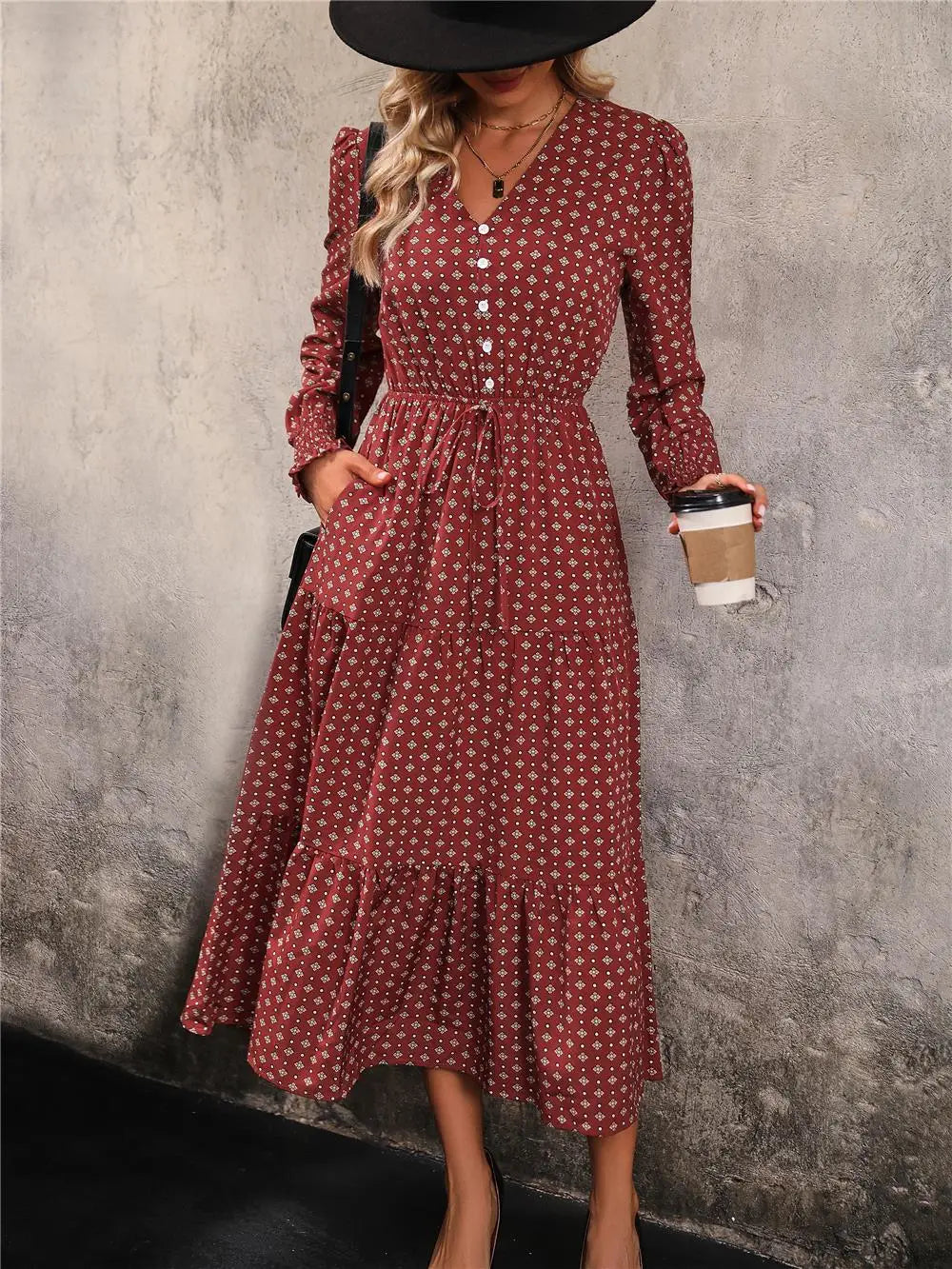 Women's Autumn Winter Long Sleeve Print V-neck Chiffon A-Line Knee Length High Waist Dress