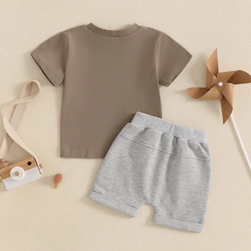 0-4Y Infant Kids Boys Casual Clothes Set Letter Print Short Sleeve Pullover T-shirts Solid Elastic Shorts