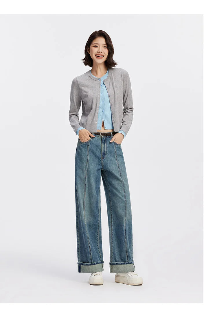 Women's Rolled Hem Loose Wide Leg Long Trousers