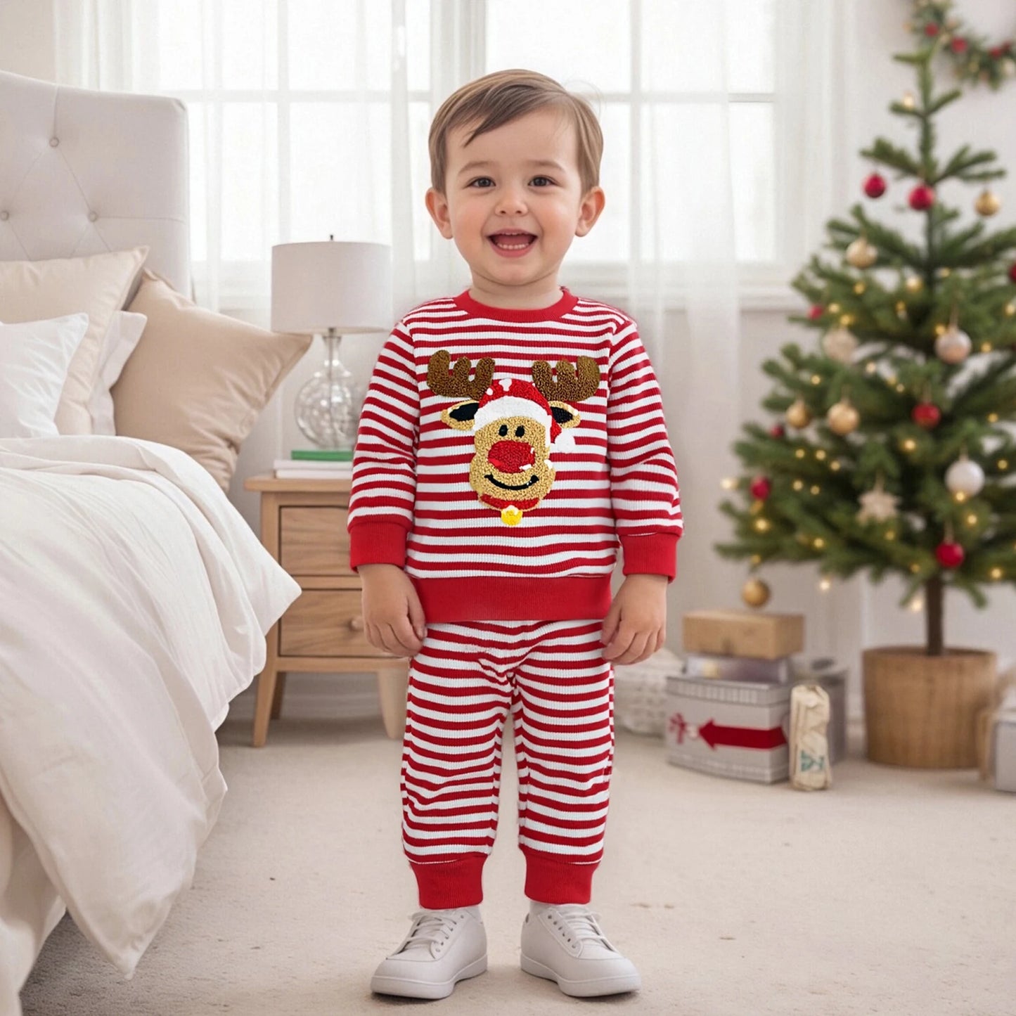 Infant Baby Boys Christmas Clothes Set - Long Sleeve Deer Embroidery Striped Sweatshirt & Pants