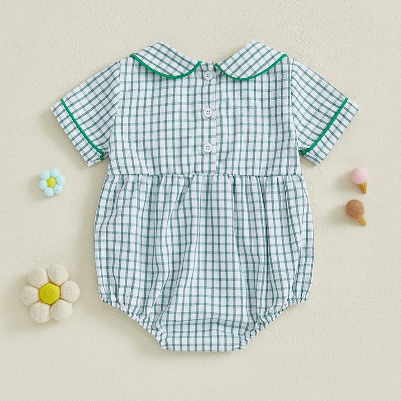 Baby Girls Summer Plaid Romper - Doll Collar Short Sleeve with Flower Embroidery (0-18M)