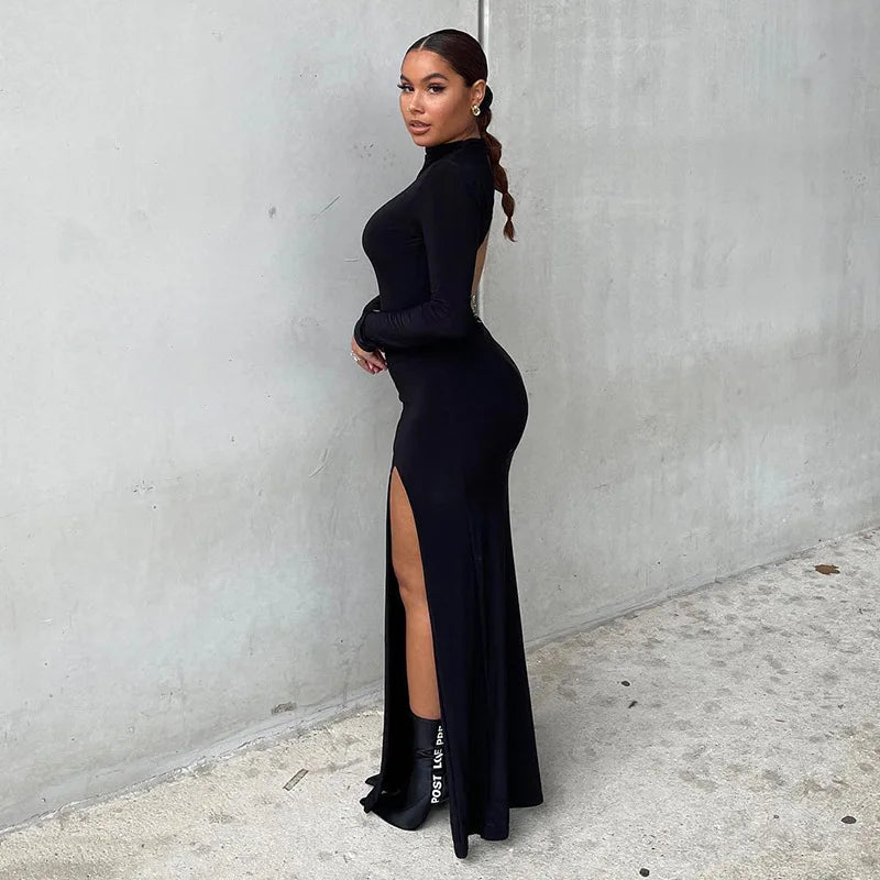 Women's Cut Out Chain Backless Maxi Party Club Long Sleeve Slit Long Dress