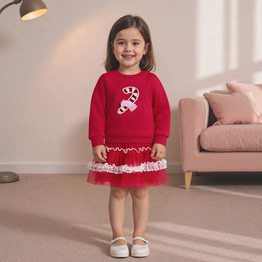 Kids Girls Christmas Outfit Set - Long Sleeve Xmas Embroidery Sweatshirt & Tulle Skirt (0-4Y)