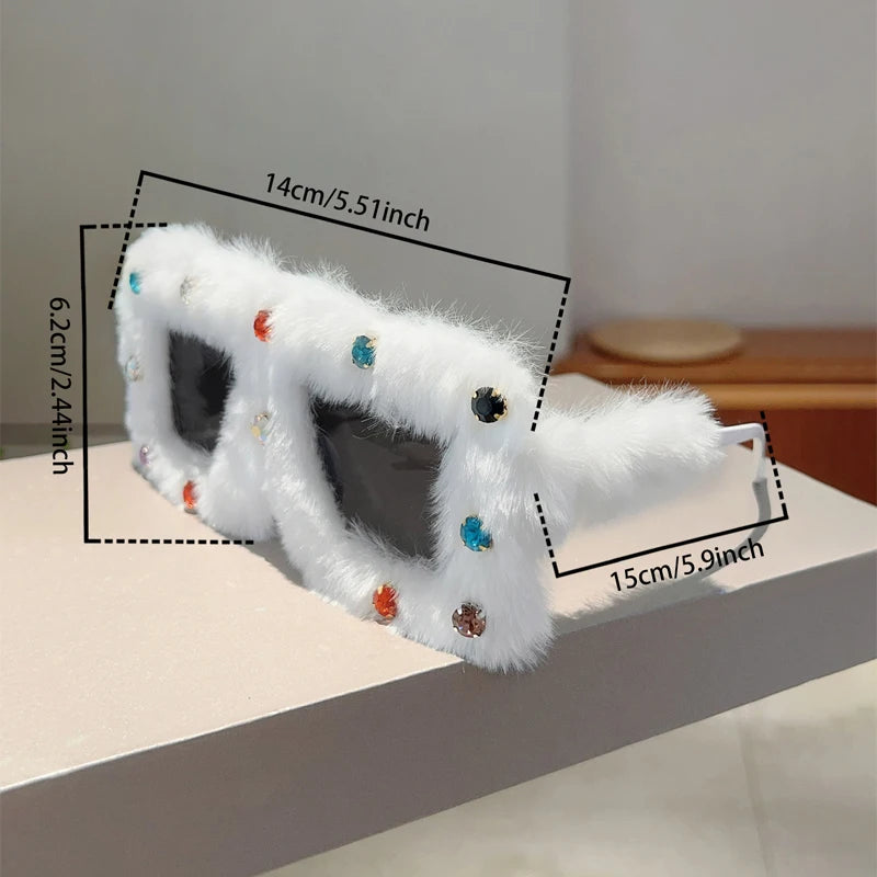 Women's Square Furry Sunglasses with Rhinestones