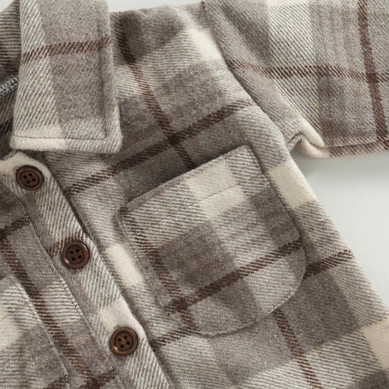 0-24M Infant Baby Boys Gentlemen Romper - Long Sleeve Turn Down Collar Plaid Printed Jumpsuit