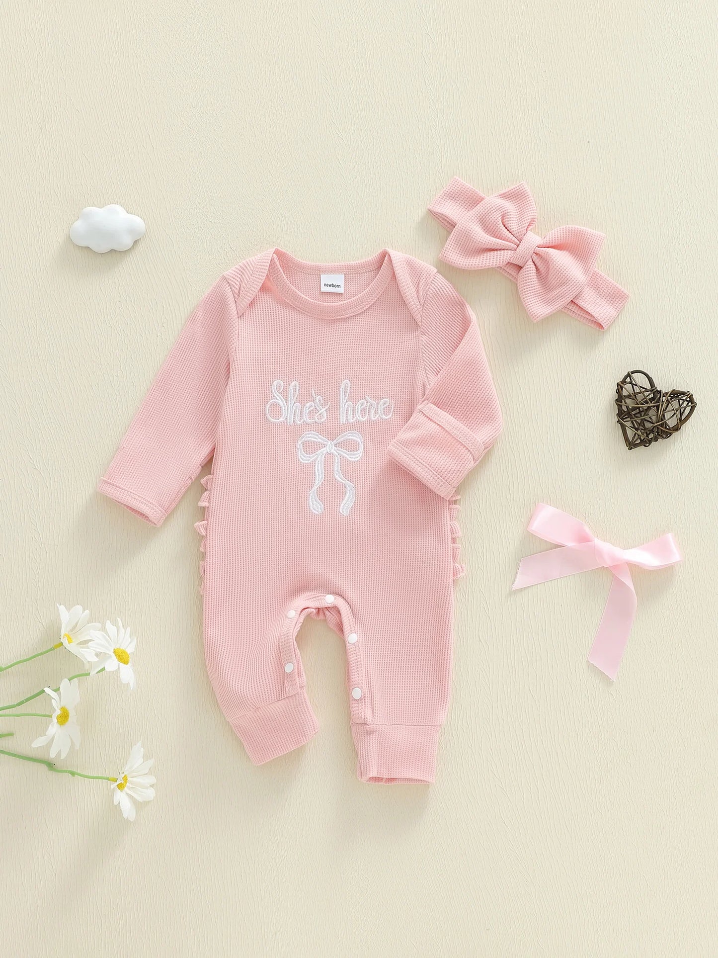 Newborn Baby Fall Winter Romper - Bow Letter Print Waffled Jumpsuit with Headband (0-6M)