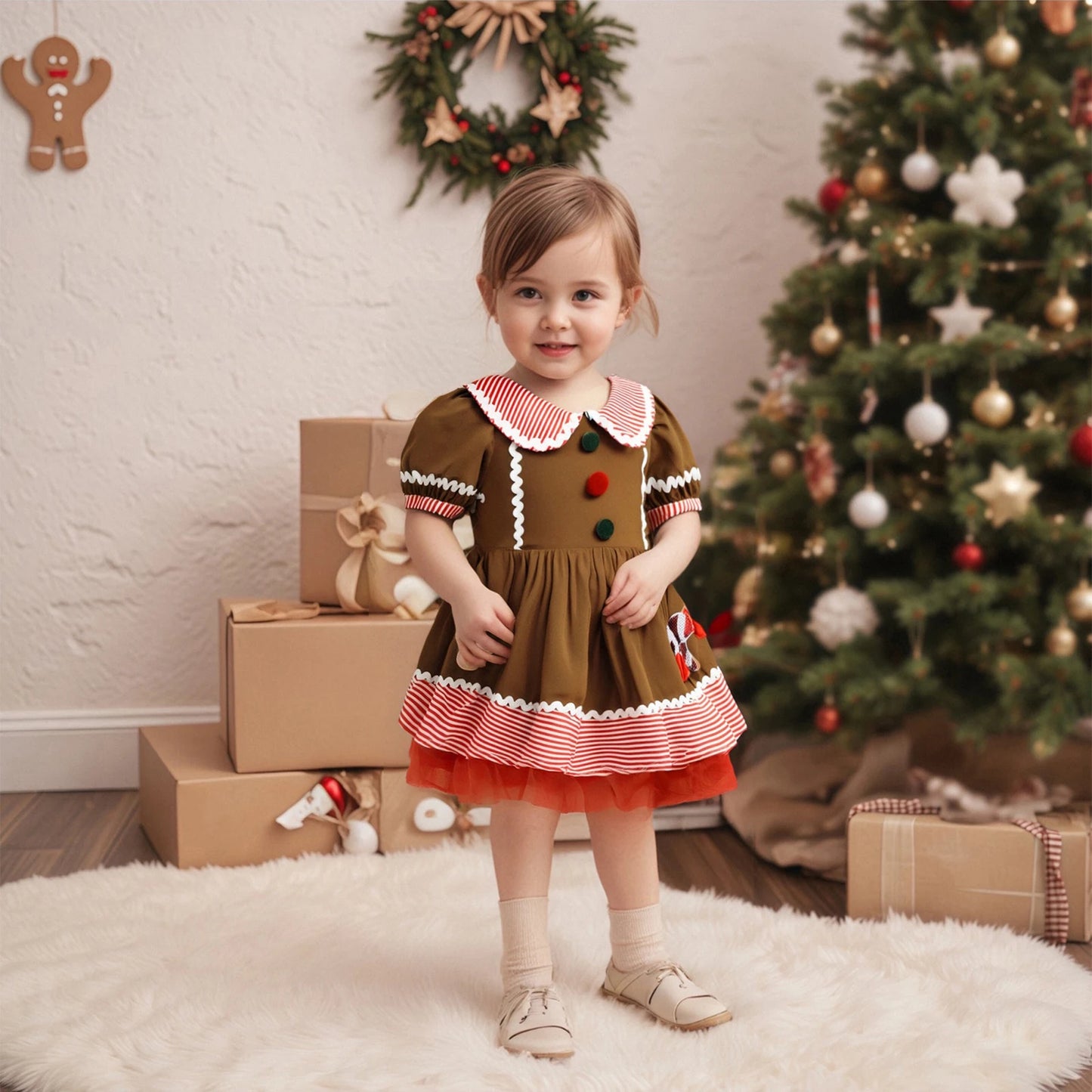 Toddler Girl's Christmas Dress - Gingerbread Man Print Doll Collar Bubble Sleeve