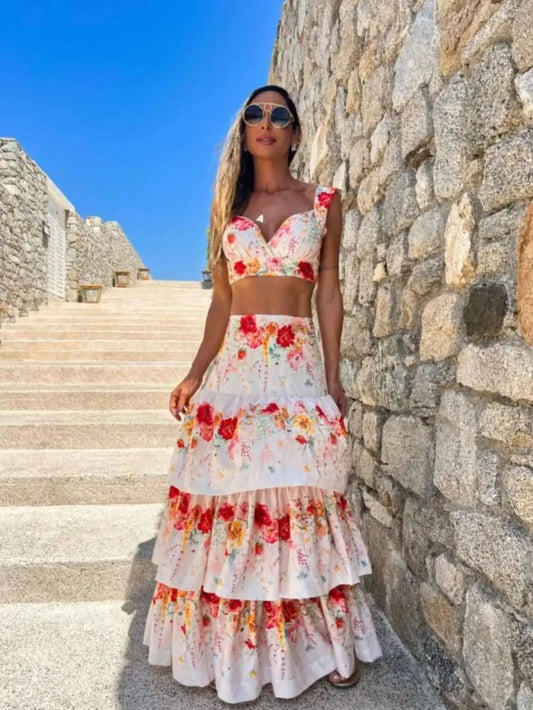Women's Print Beach Two Piece Skirt White Bra High Waist A-line Long Skirt Beach Set