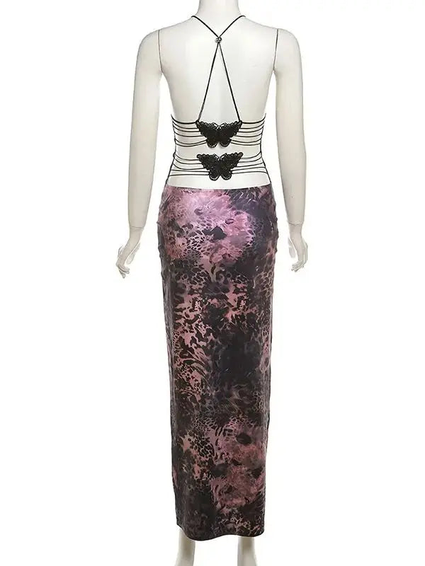 Women's Maxi Backless Butterfly Print Sleeveless Thin Line Summer Party Dress