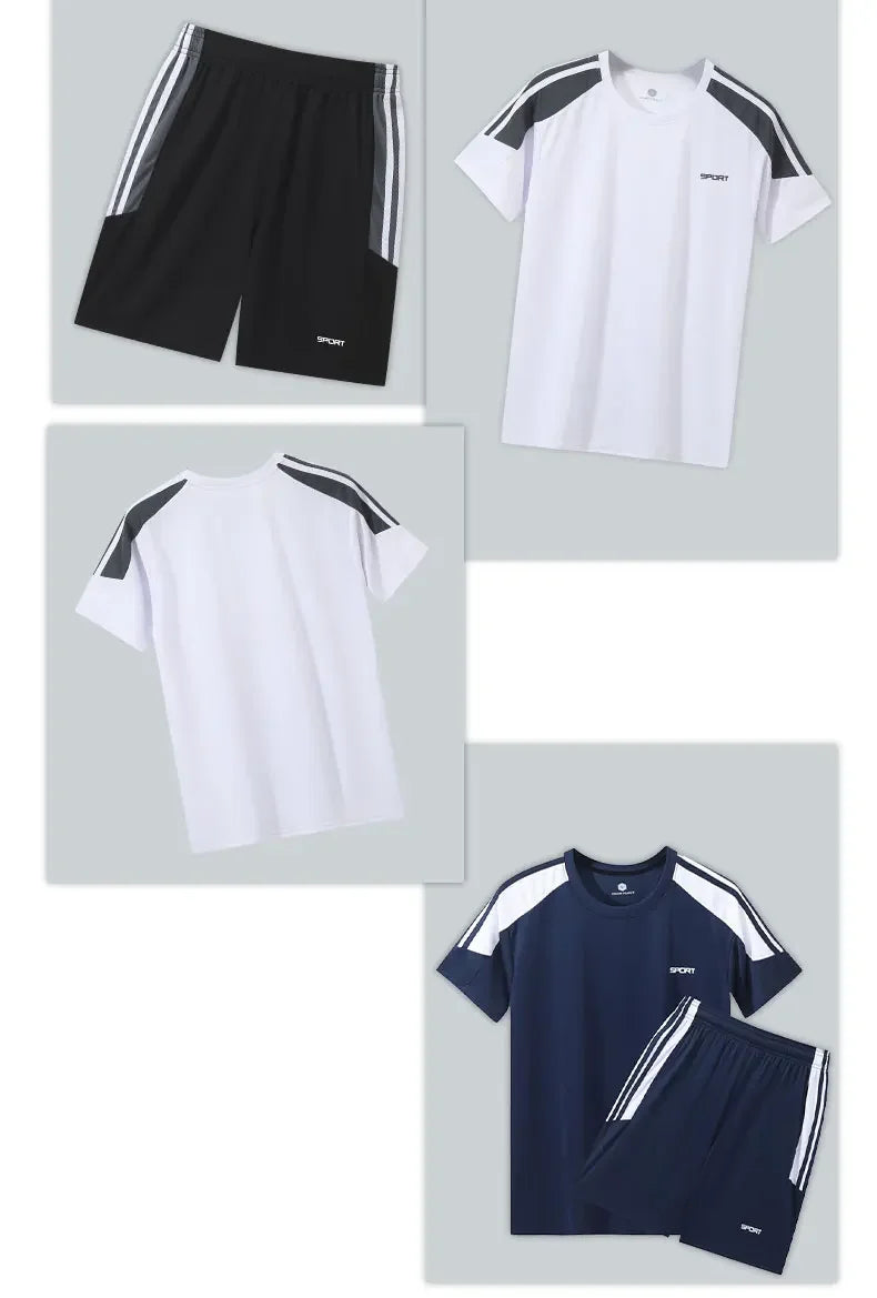 Men's Gym Suit Running Dry Fit Sports Jersey Basketball Breathable Short Sleeve Outdoor Football 2pcs Set