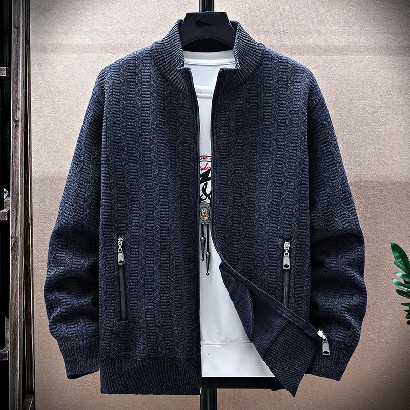 Men's Fleece Stand Collar Cardigan - Thick Knit Sweatercoat for Autumn Winter