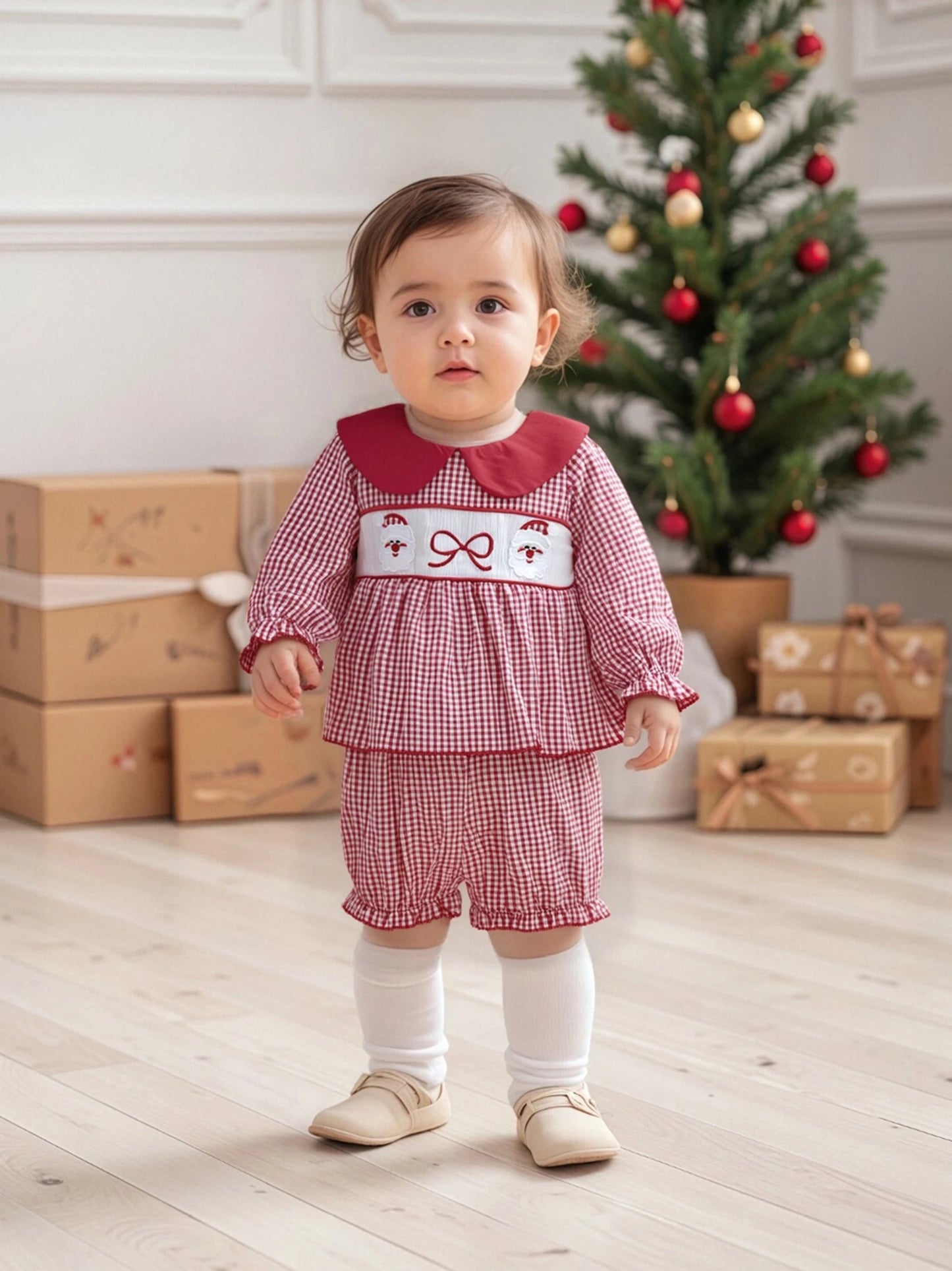Baby Girls' Christmas Outfit Set - Long Sleeve Plaid Top & Lantern Shorts 2 Piece