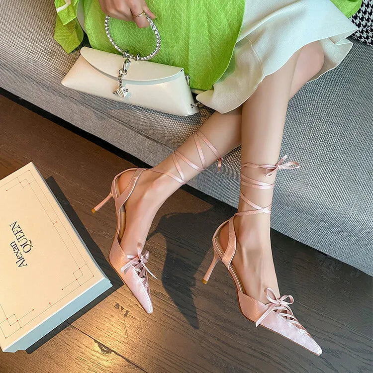 Women's Satin High Heel Sandals Strap 7cm Heel Sandals Bow Pointed Shoes
