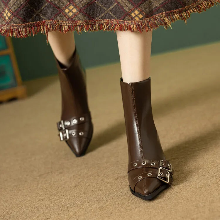 Women's Leather Metal Belt Buckle Short 6cm Square Heel Rivet Boot Back Zipper Boots