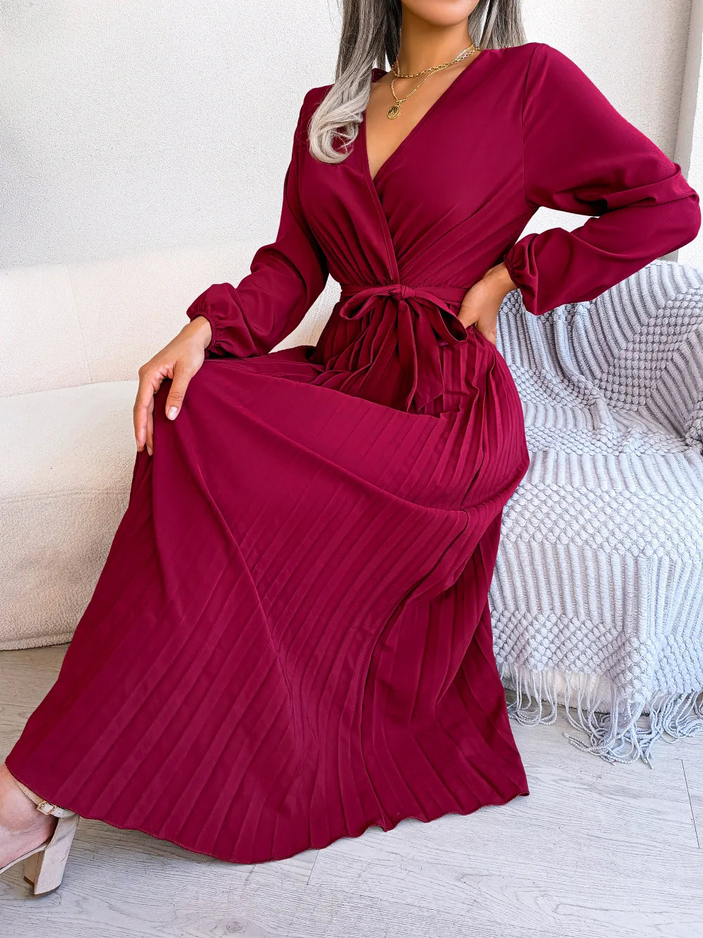 Women's Spring Summer Cross V Neck Large Hem Pleated Long Dress