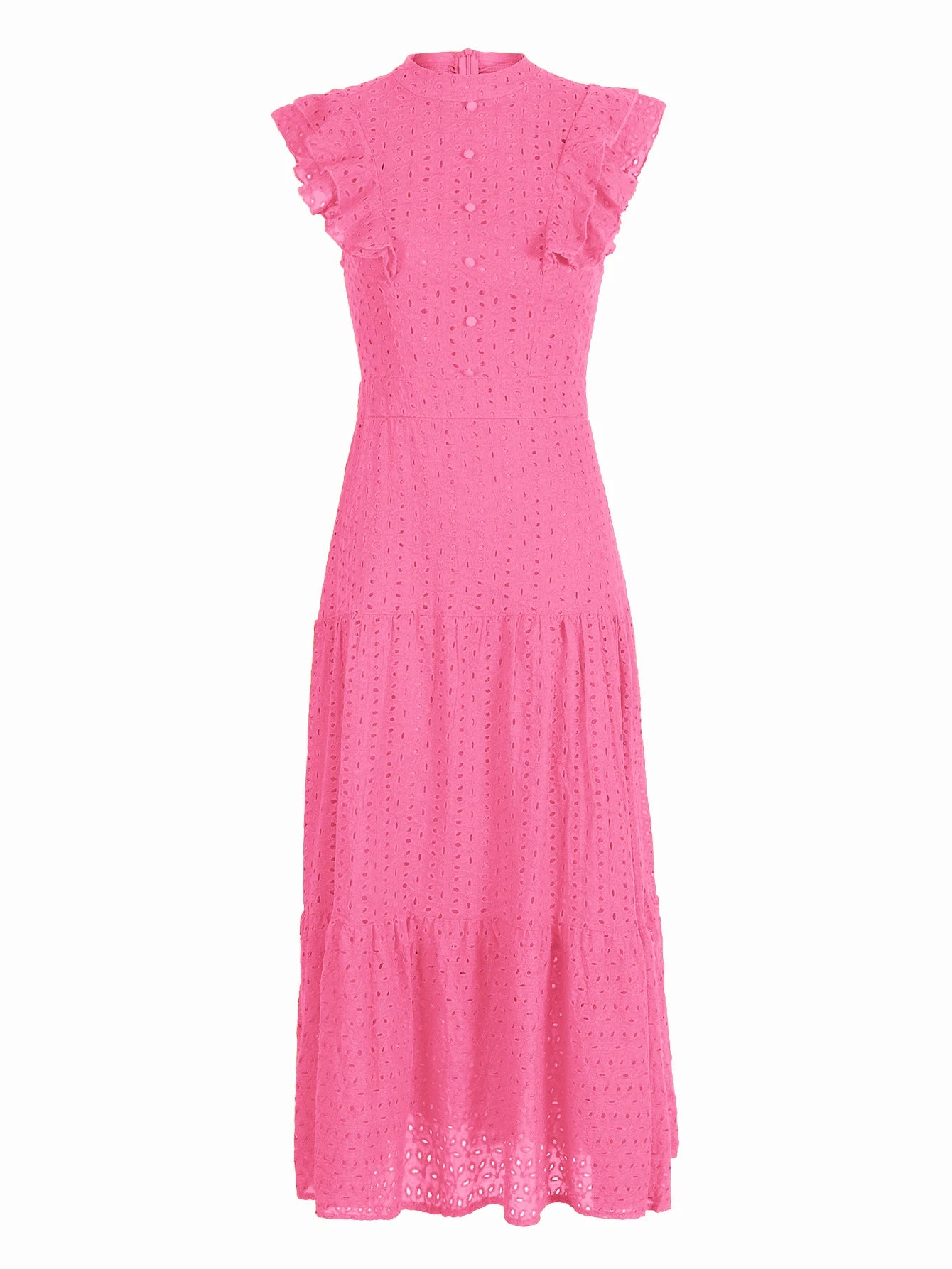 Women's Bohemian Hollow Out Elegant Round Neck Flying Sleeve Button Long Summer Dress