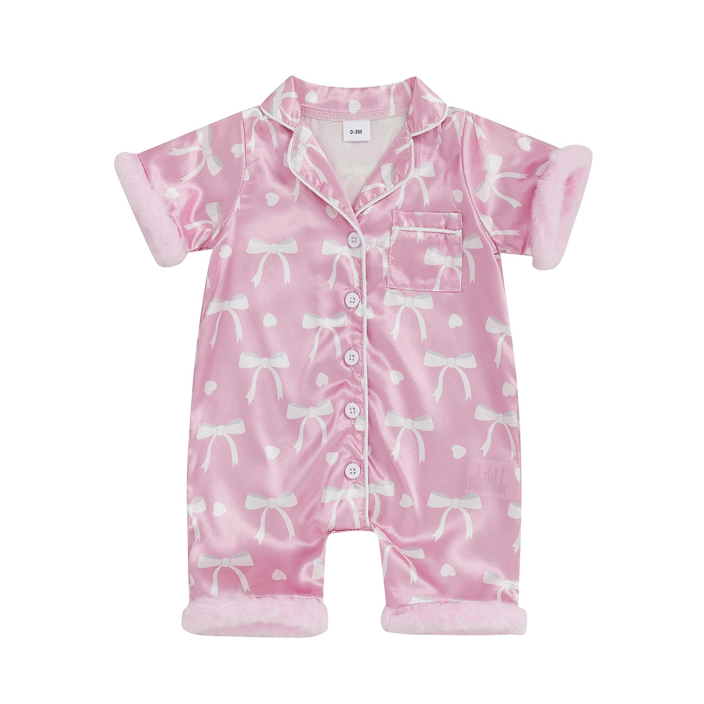 Baby Girls' Satin Romper Pajamas - Bow Print Feather Cuffs Short Sleeve Lapel Jumpsuit