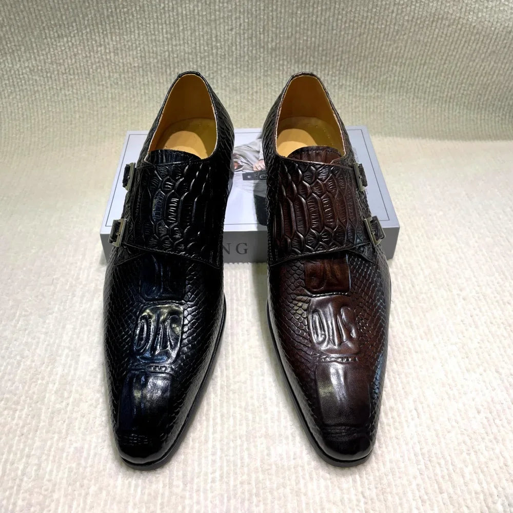 Men's Italian Genuine Leather Formal Oxford Python Crocodile Pattern Button Detailing for Office Party Wedding Shoes