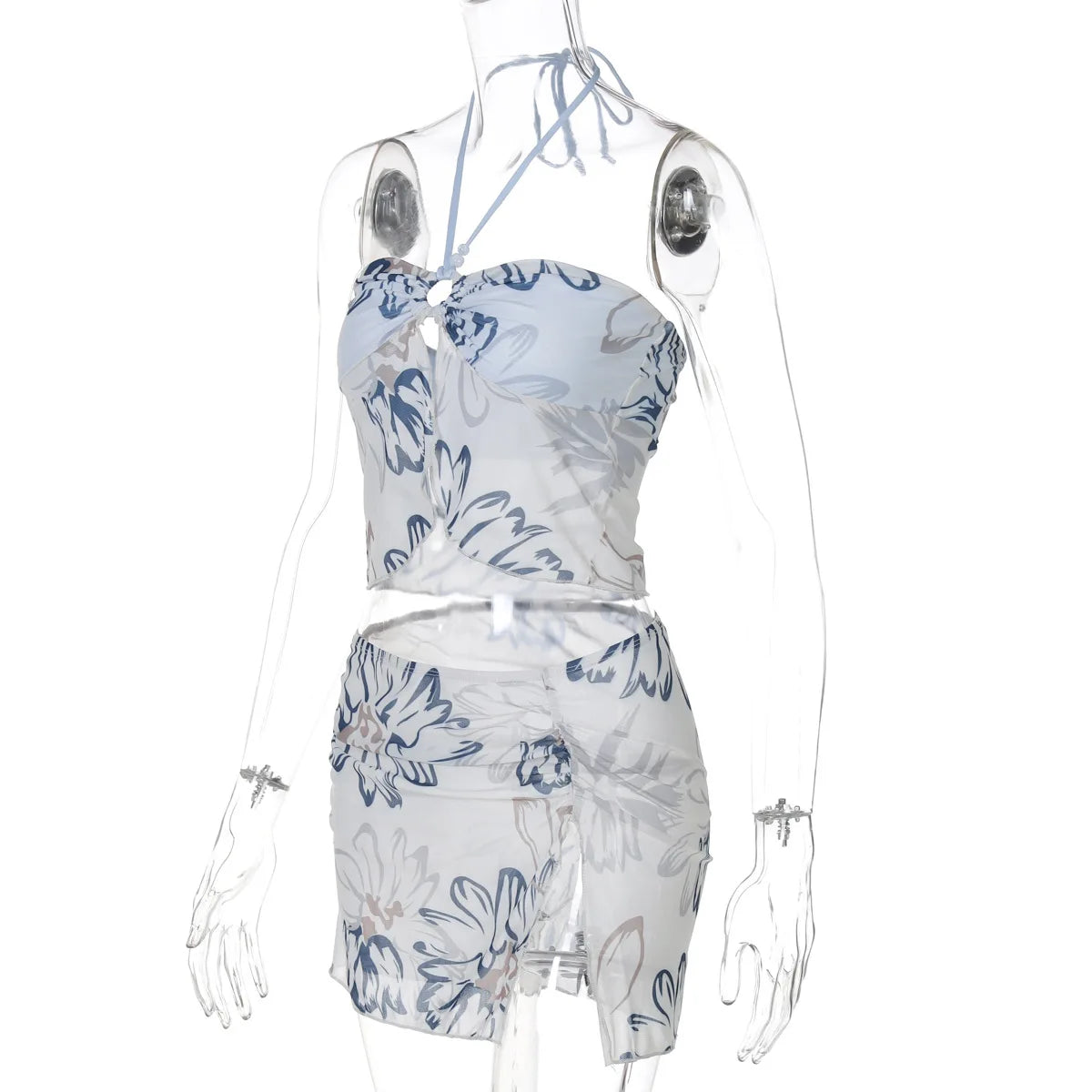 Women's Summer Beachwear Two Piece Sets Outfit Halter Mesh Top and Skirt Split Co-ords Set