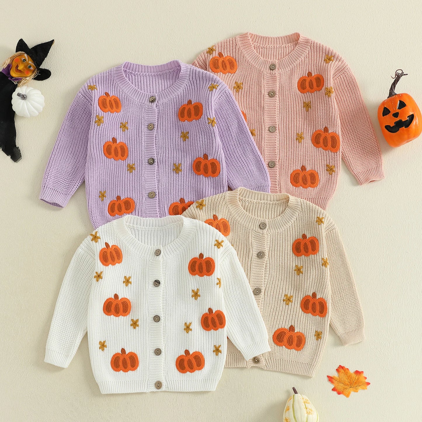 Toddler Halloween Cardigan - Pumpkin Embroidery Button Knit Sweater