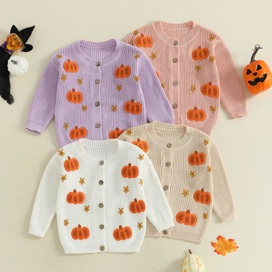 Toddler Halloween Cardigan - Pumpkin Embroidery Button Knit Sweater