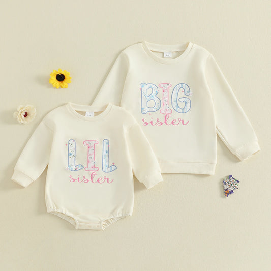 Sister Matching Outfits - Floral Letter Print Romper & Sweatshirt Set