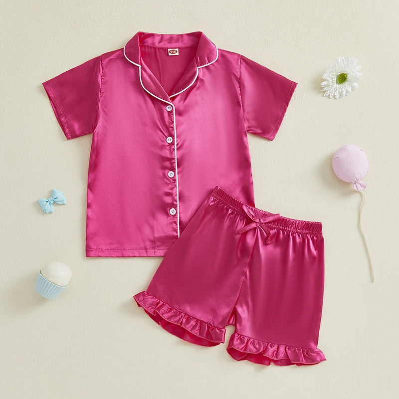 Baby Girls' Summer Pajamas Set - Button Down V-Neck Short Sleeve Top & Ruffled Shorts