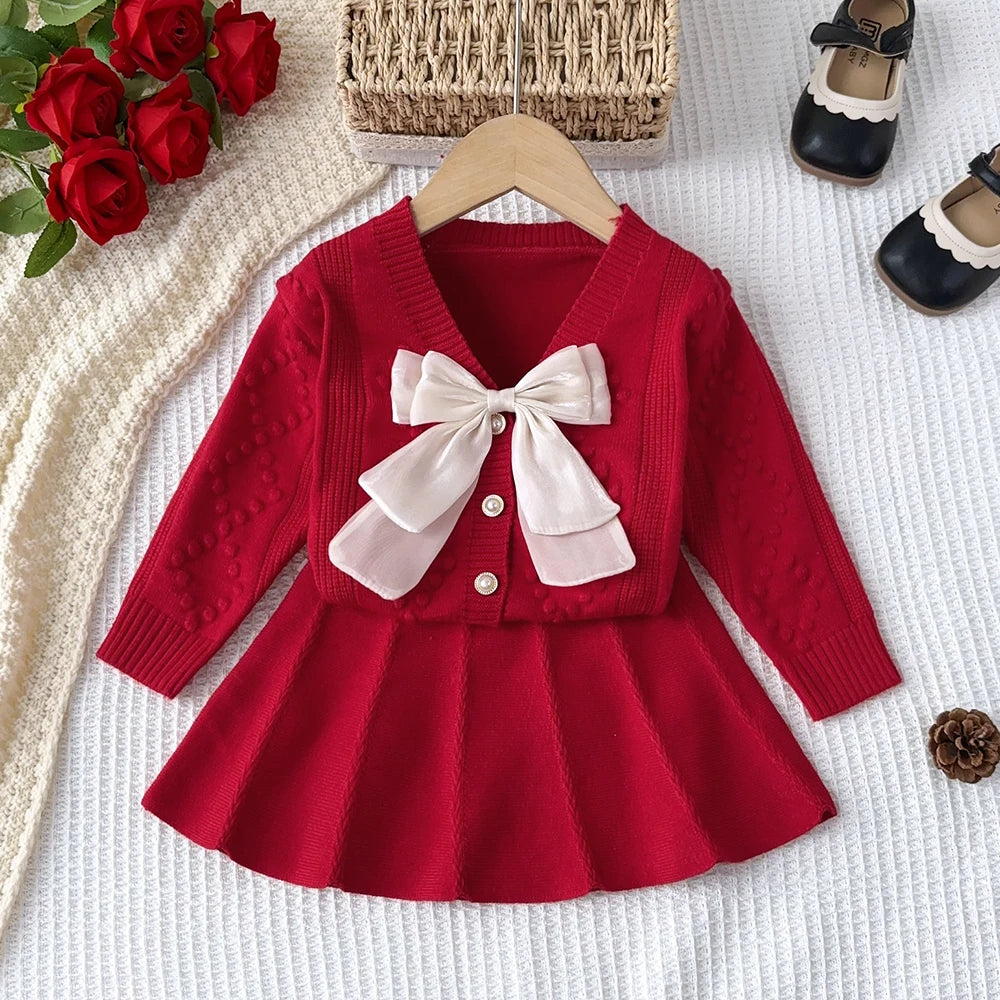 Girl's Winter Set V-neck Bow Sweater Top and pleated A-line Skirt 2-piece Set