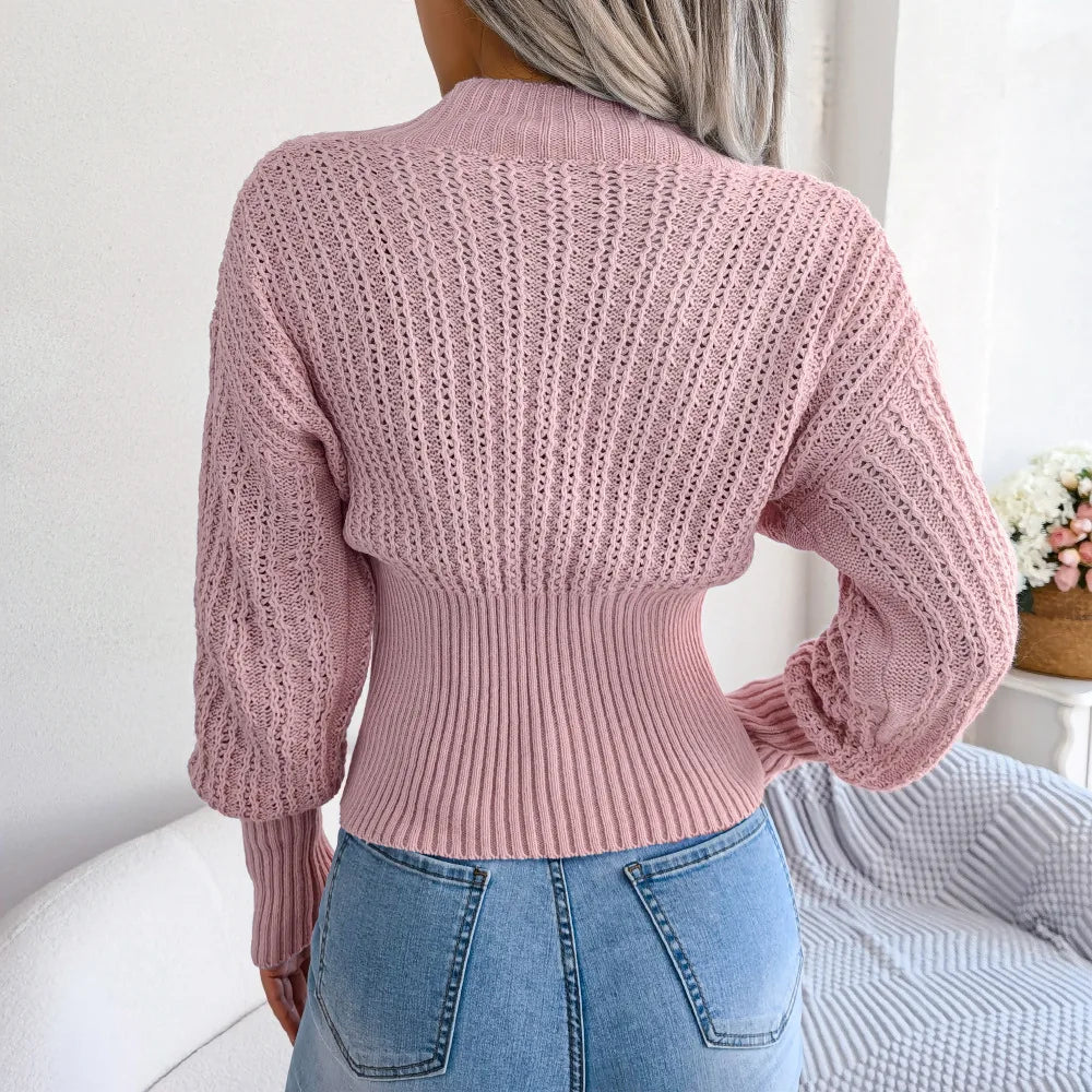 Women's Autumn Winter Hollow V Neck Bat Sleeve High Waist Pullover Sweater