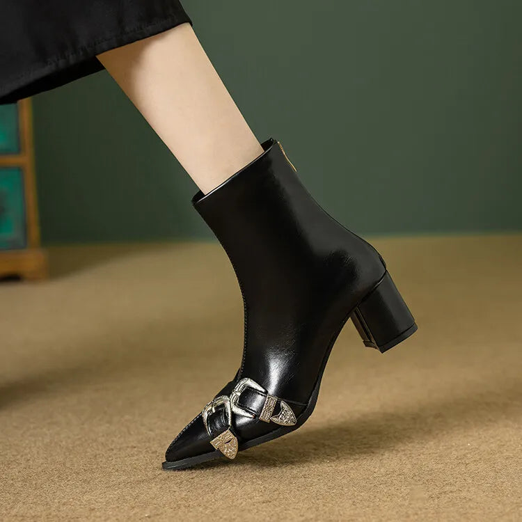 Women's Leather Metal Belt Buckle Short 6cm Square Heel Rivet Boot Back Zipper Boots