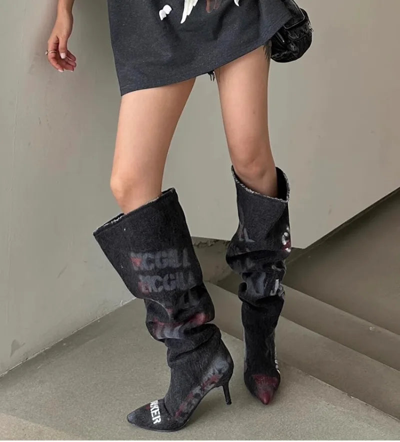 Women's 7cm Thin Heel Graffiti Folded Denim Boots