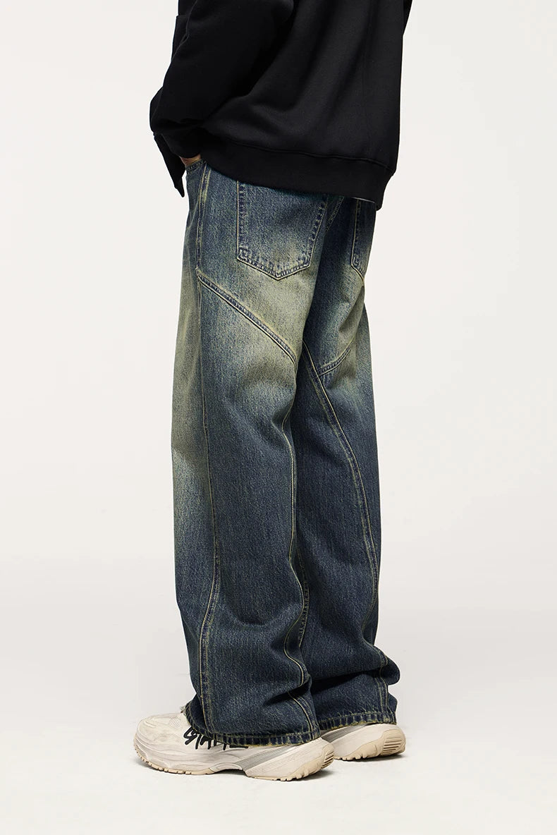 Unisex Retro Washed Jeans Stretch Straight Leg Denim Trousers
