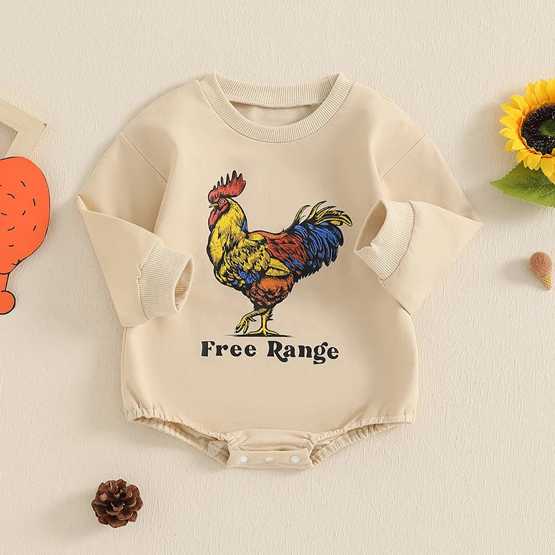 Baby Boys Western Rooster Print Romper - Spring Long Sleeve Crew Neck Jumpsuit (0-18M)