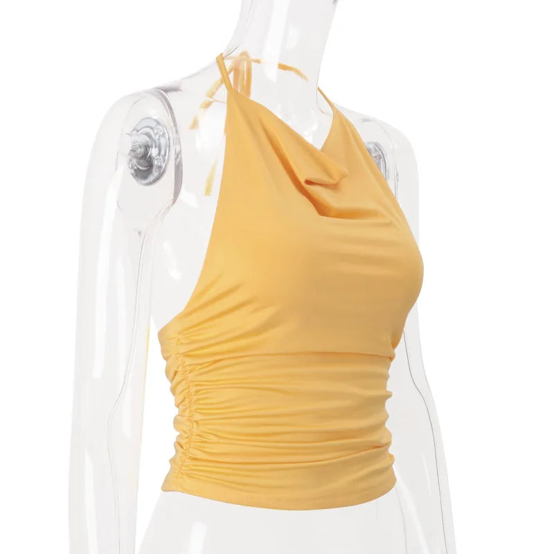 Women's Solid Halter Camisole Top Summer Outfit Backless Ruched Yellow Cropped Top Vest