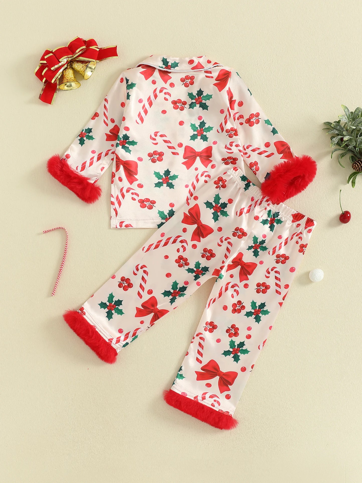 Kids Girls Christmas Satin Pyjamas Set - Candy Cane Bow Print Button Down Top & Pants (0-7Y)