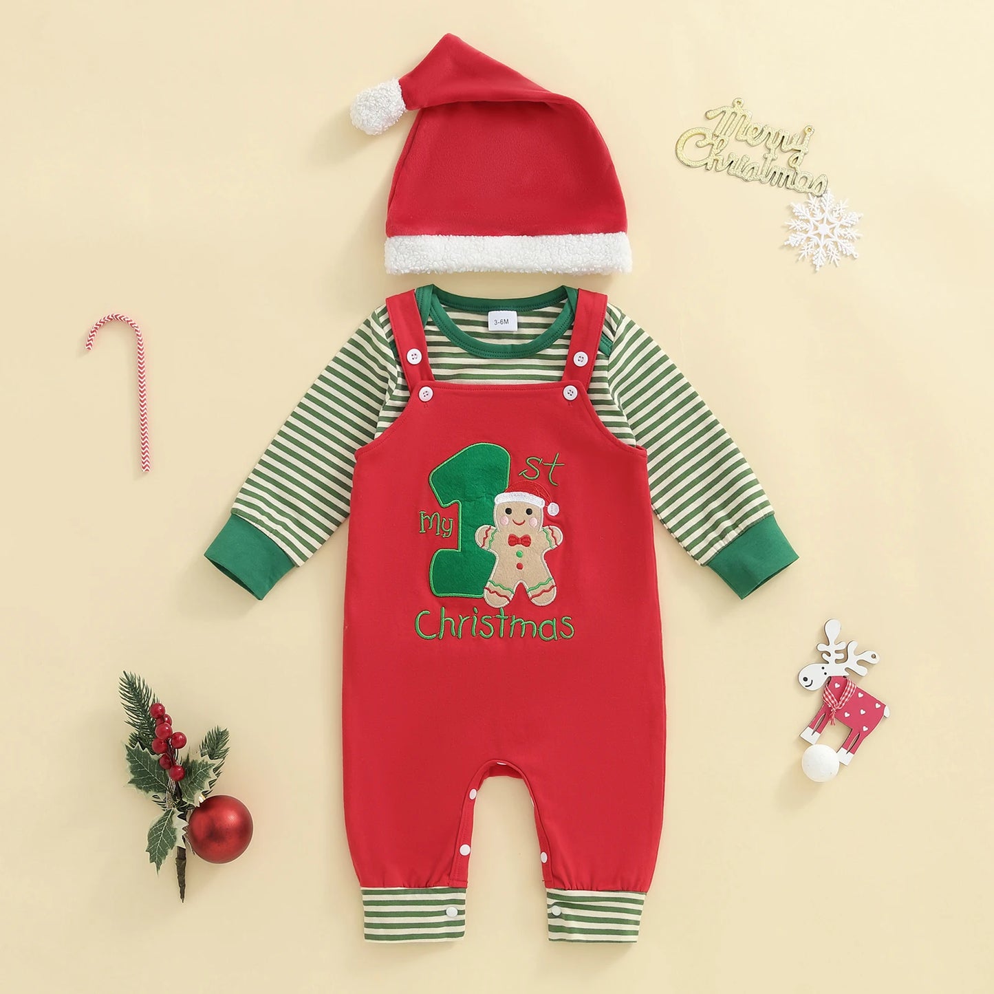 Newborn Baby Boys Fall Winter Christmas Clothes Set - Stripe Long Sleeve Romper, Embroidery Overall Pants & Hat