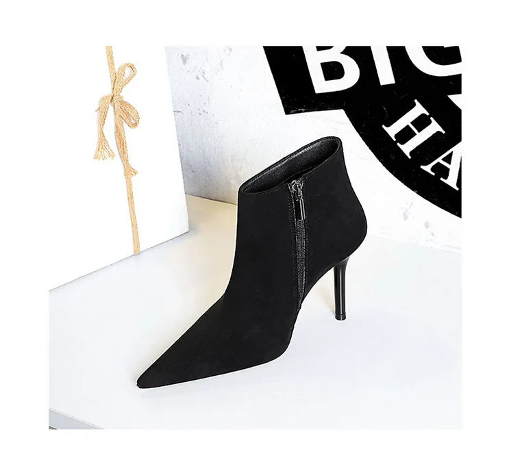 Black Suede Ankle Boots - Pointed Toe Stiletto Heels with Side Zipper