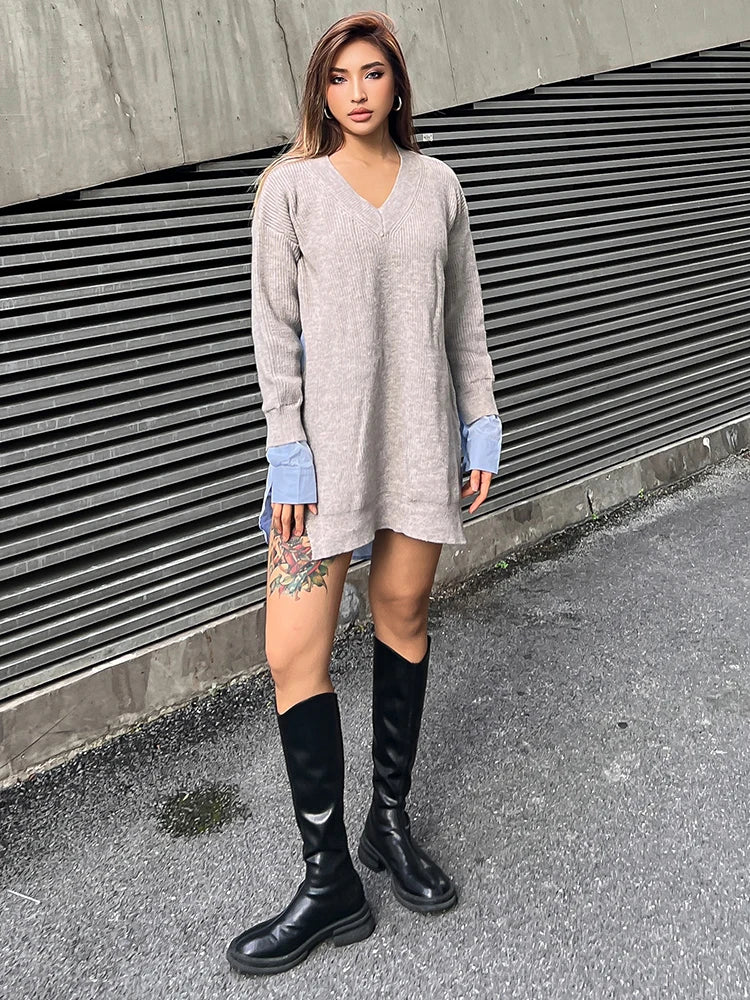 Women's Patchwork V Neck Long Sleeve Loose Straight Knitting Pullover Sweater Shirt Dress