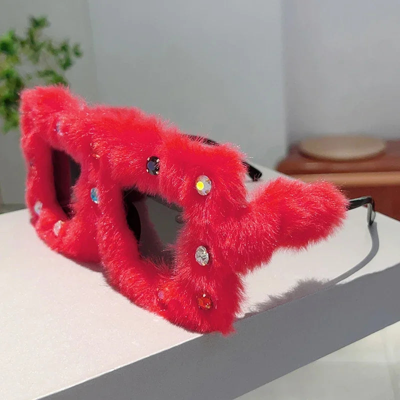 Women's Square Furry Sunglasses with Rhinestones