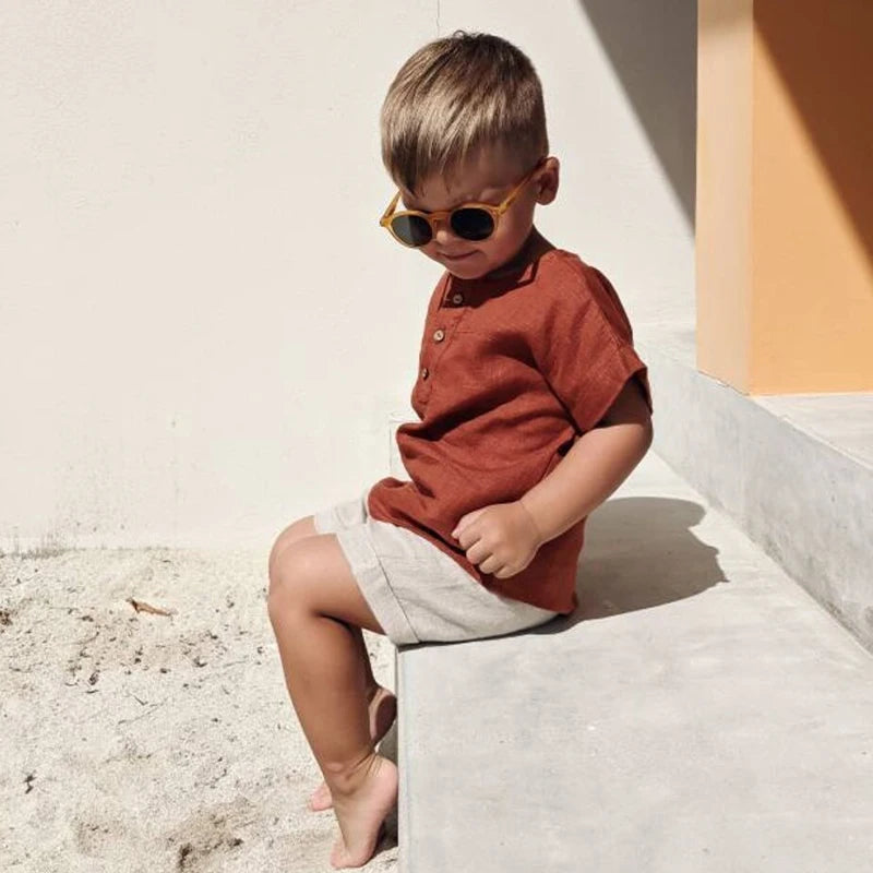 Children's Boy's Round Neck Buttons Short-Sleeved Linen Top