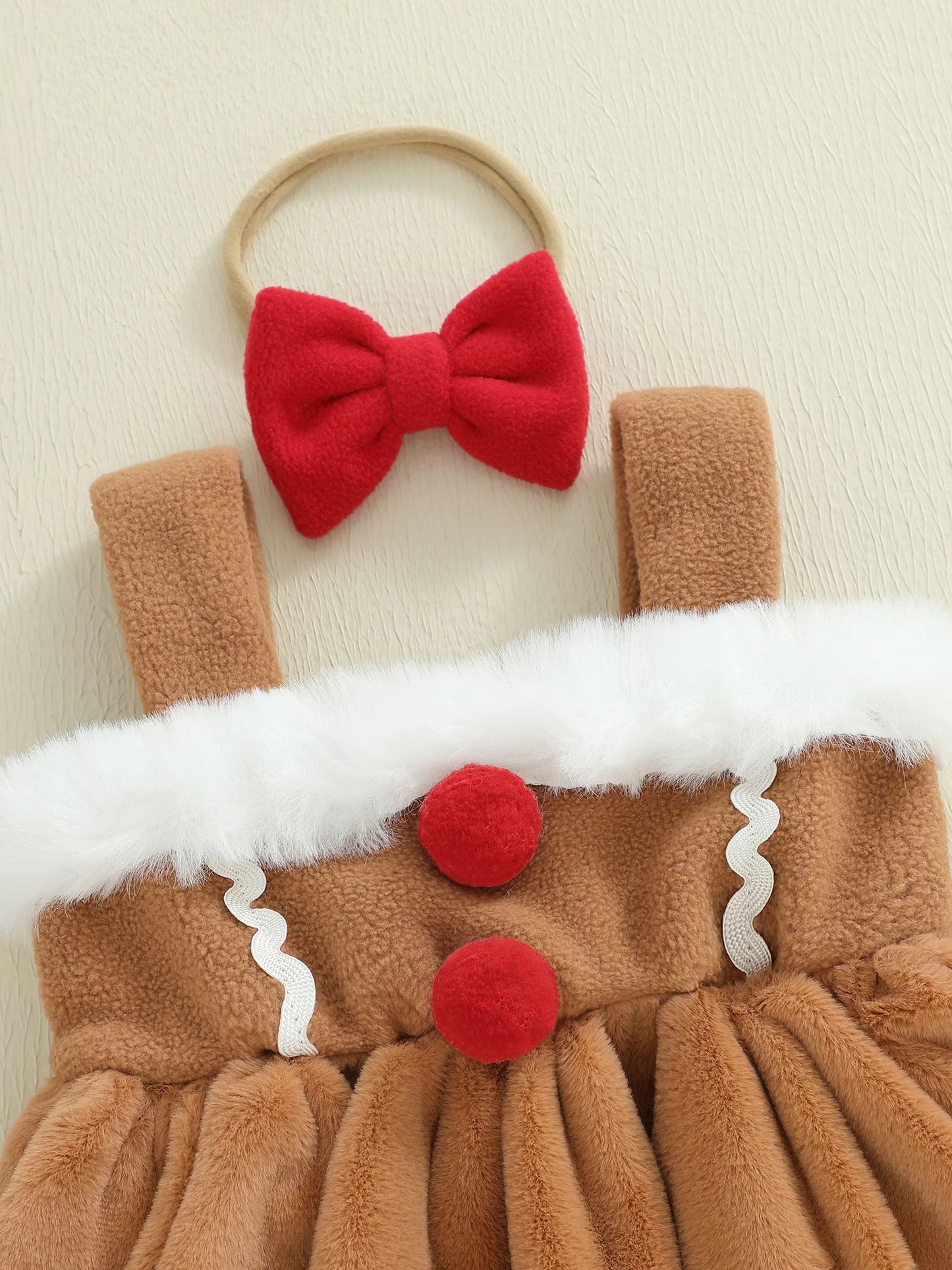 Baby Girls Princess Christmas Romper Dress with Bow Headband - Gingerbread Design