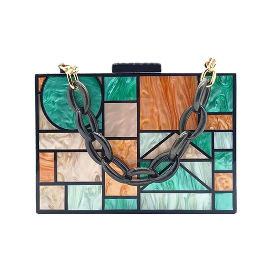 Luxury Acrylic Evening Bag - Chic Multicolour Patchwork Crossbody Clutch with Chain