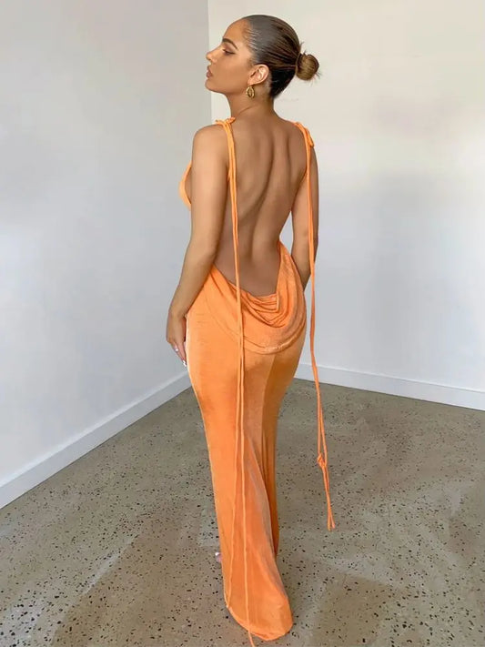 Women's Spaghetti Strap Elegant Draped Maxi Backless  Party Gown Long Dress