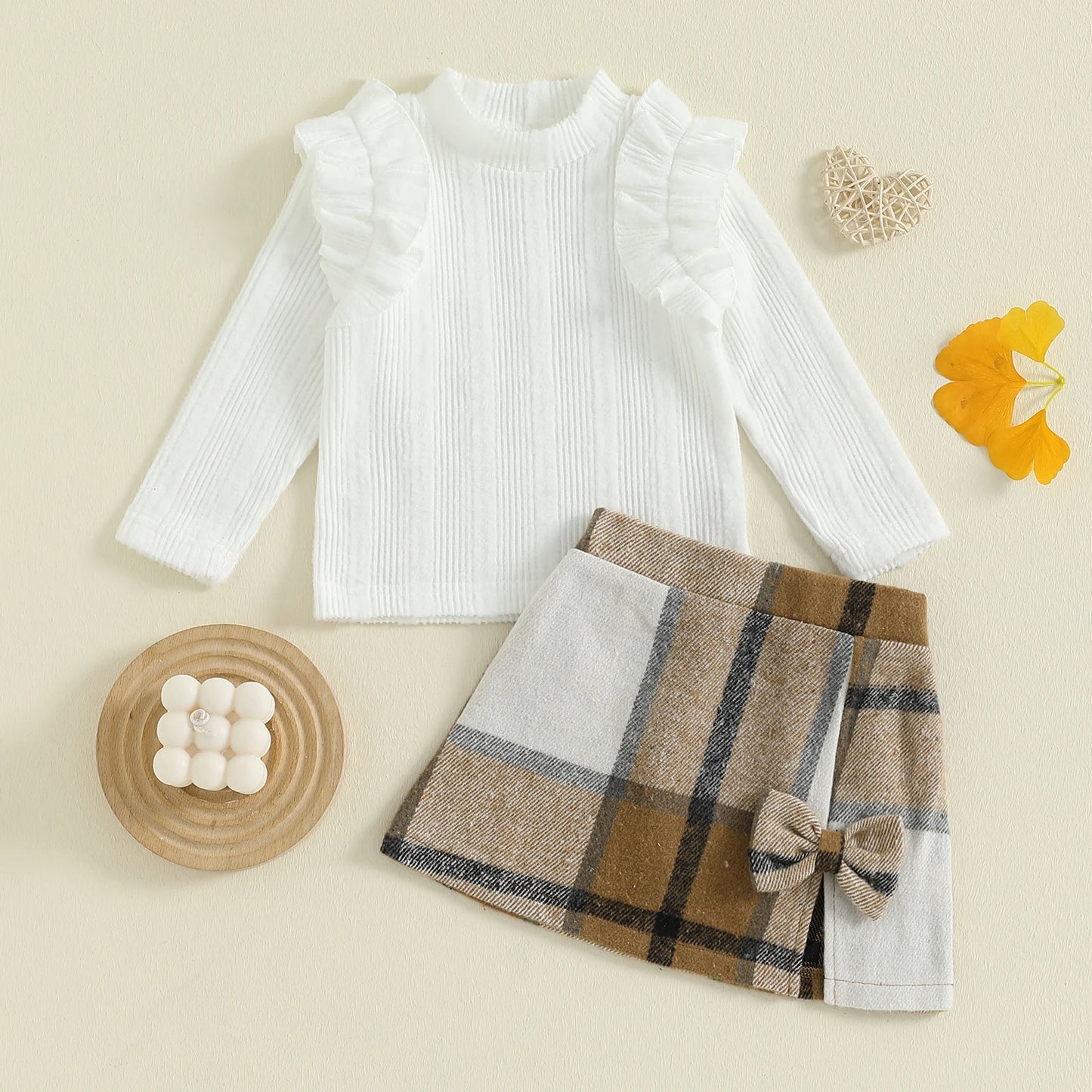 Girl's Skirt Set - Long Sleeve Crew Neck T-Shirt with Plaid Skirt