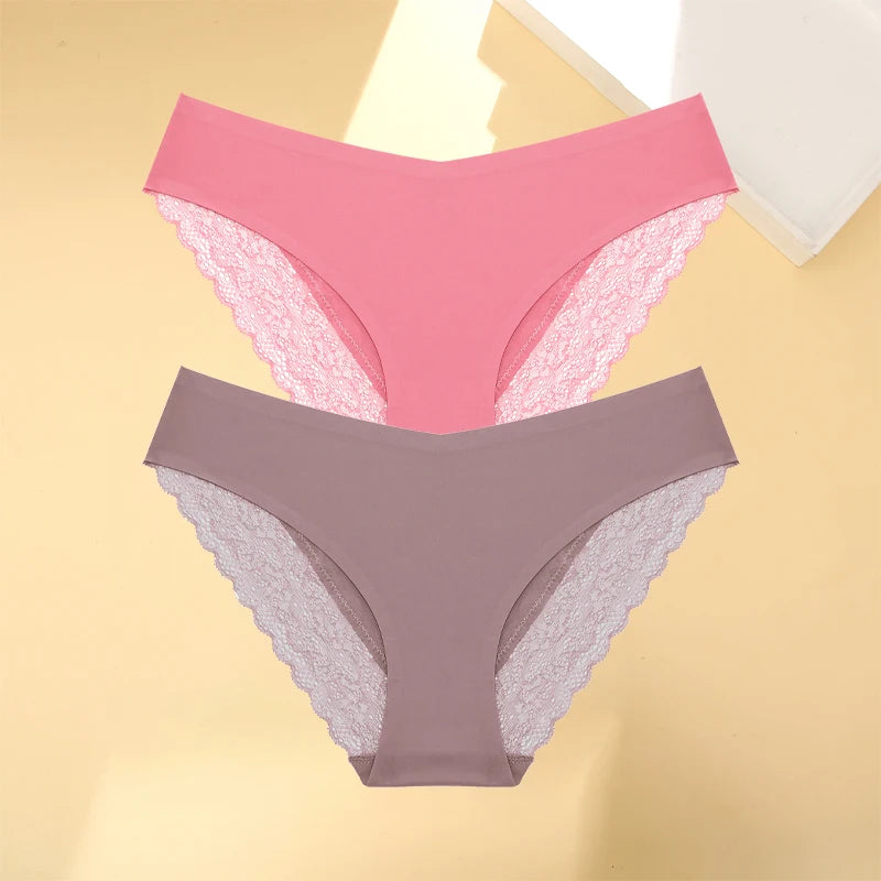 Women's 2Pcs Seamless Stretch Underwear Lace Floral Panties Recycled Materials Breathable Briefs Low Waist Comfort Lingerie