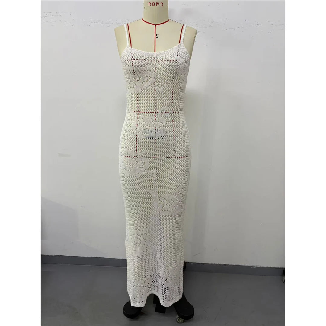 Women's Hollow Out Sleeveless Crochet Knitted Tunic Beach Cover Up Long Beach Dress