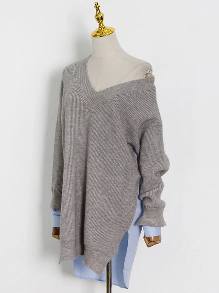 Women's Patchwork V Neck Long Sleeve Loose Straight Knitting Pullover Sweater Shirt Dress