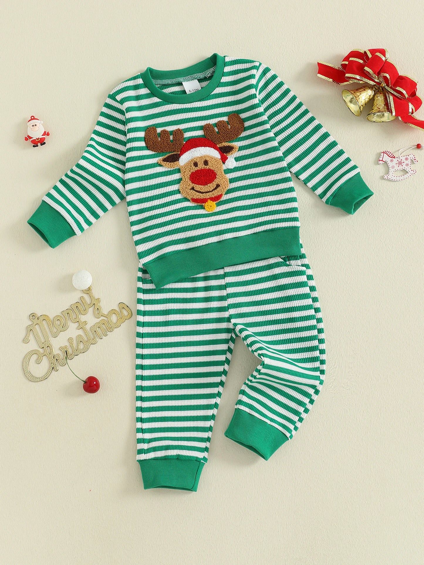 Infant Baby Boys Christmas Clothes Set - Long Sleeve Deer Embroidery Striped Sweatshirt & Pants