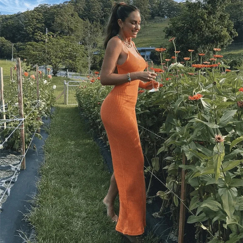 Women's Ribbed Knitted Backless Split Maxi Dress - Sleeveless Straps Bodycon Dress